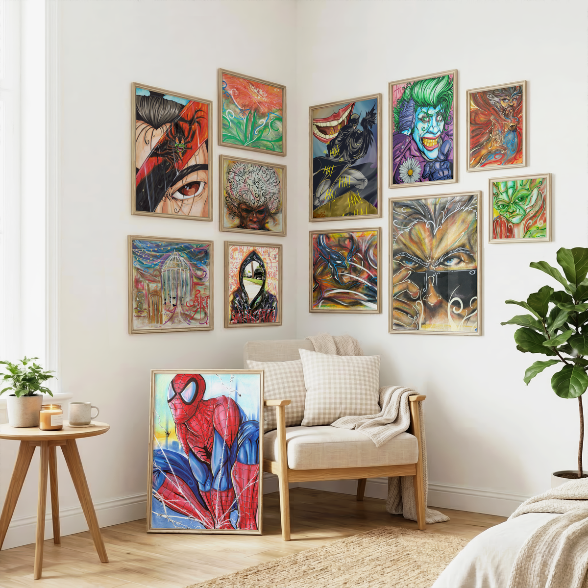 Large gallery wall featuring Doctor Who art print among other Monty Live Art artwork
