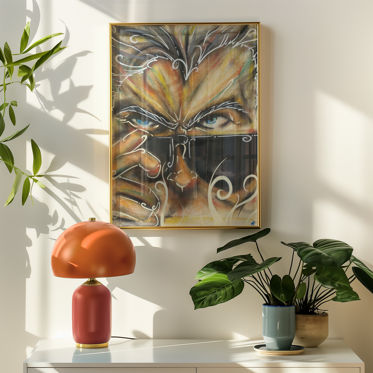 Medium 12th Doctor print hanging above a table