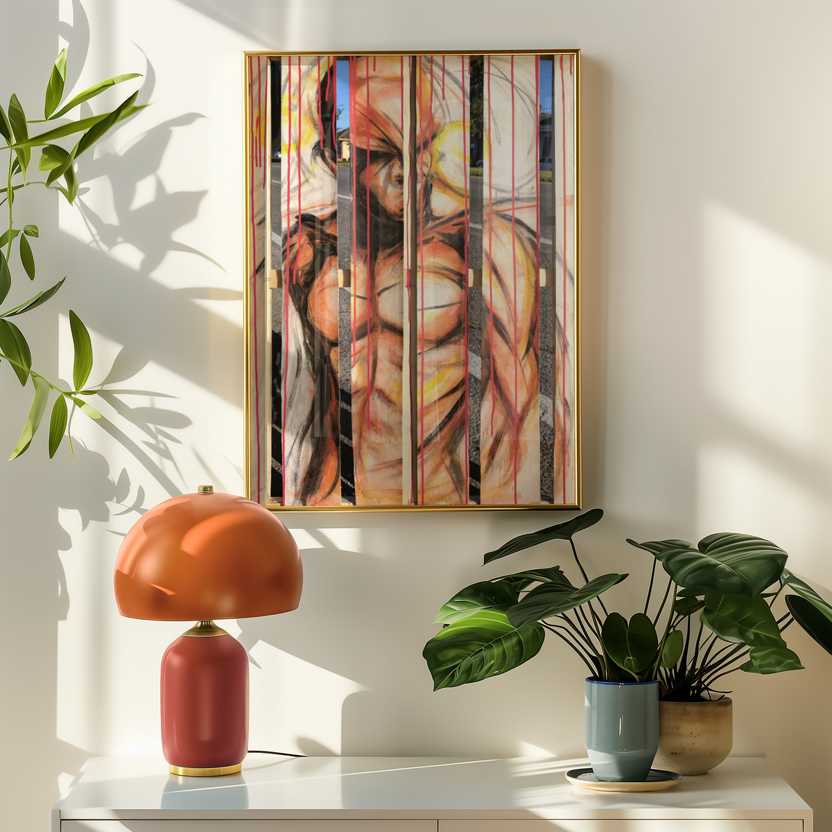Medium Black contemporary art print hanging above an orange lamp
