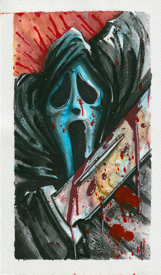 Ghostface art by Monty, original watercolor and ink horror painting
