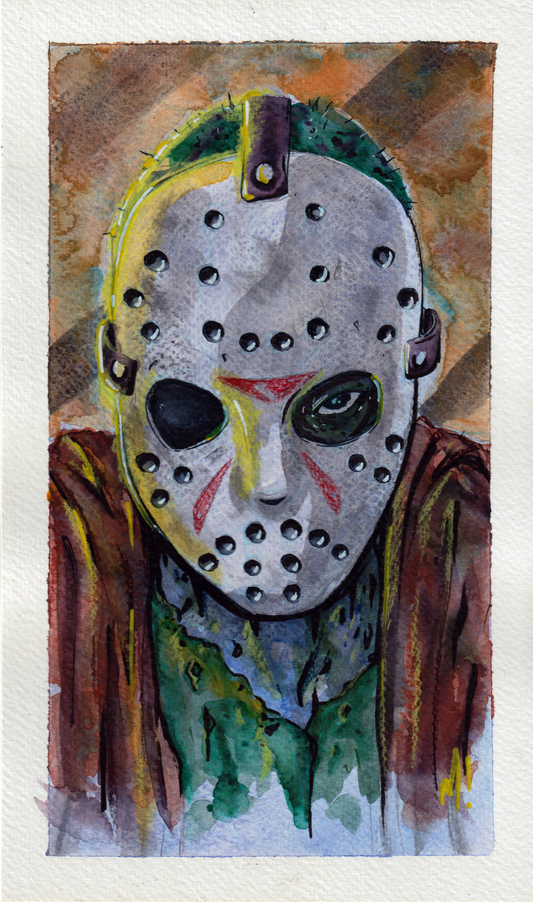 Jason art by Monty, original watercolor and ink horror painting