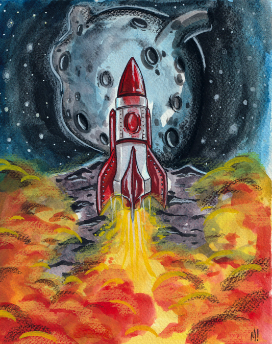 Heartbreak art by Monty, Space Bound original ink and watercolor painting