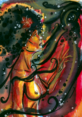 Black afro woman art by Monty, Wrap Around original ink and watercolor painting