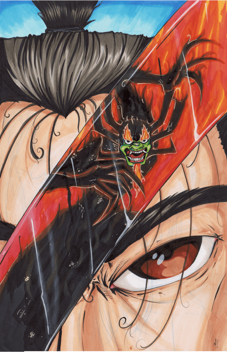 Close-up of the flaming eyebrows and bold red and black color in the Pure Evil print