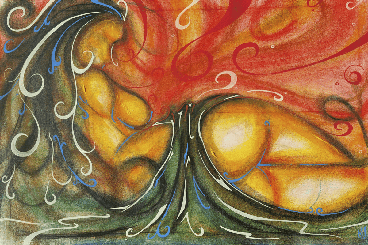 Close-up of the Awake feminine bedroom wall art print, showing soft pastel and acrylic brushwork