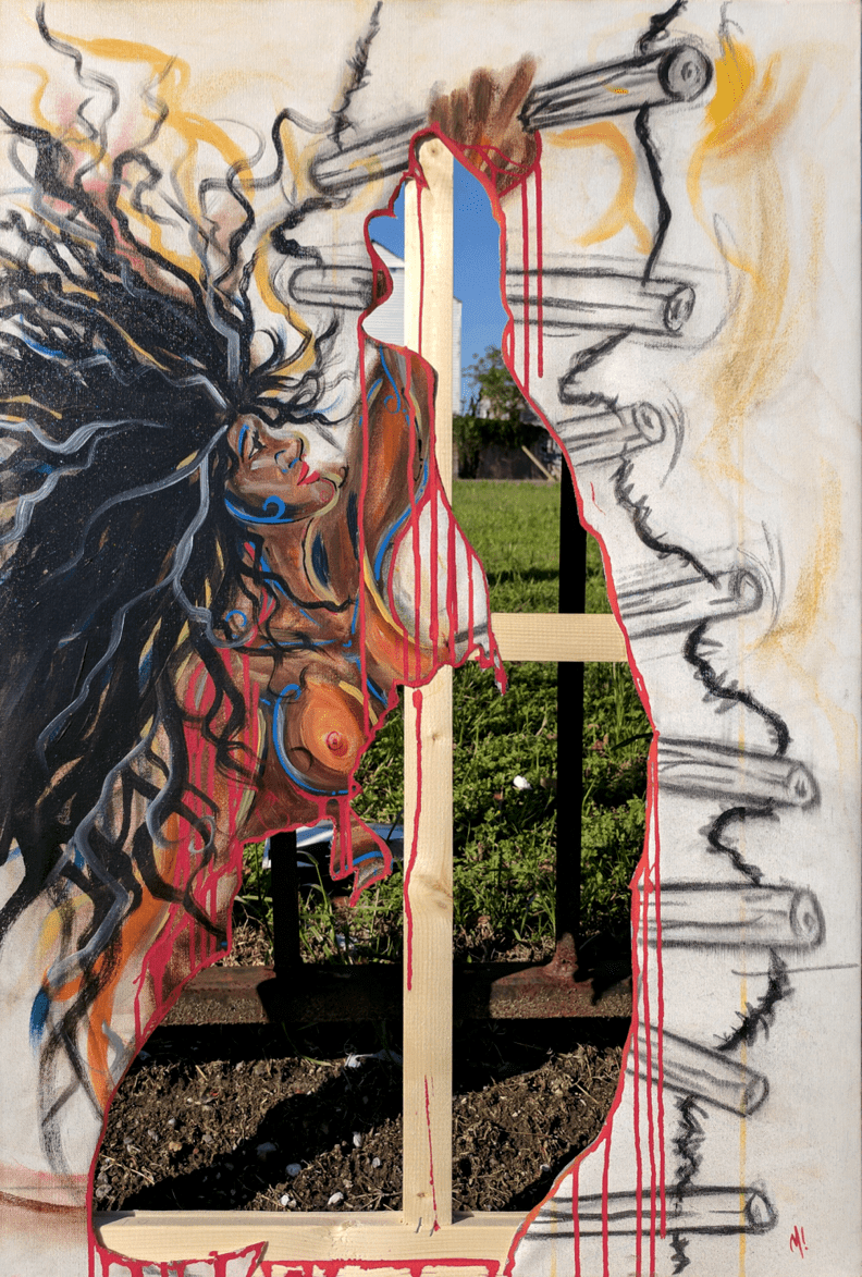 Close-up of the layered acrylic and mixed media texture in the Climb print