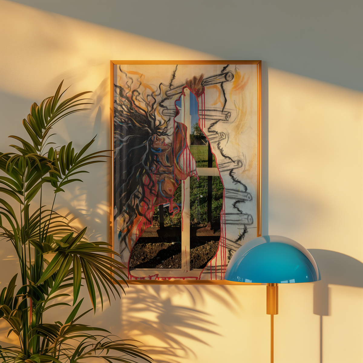 Medium Black art wall decor print hanging above a blue lamp