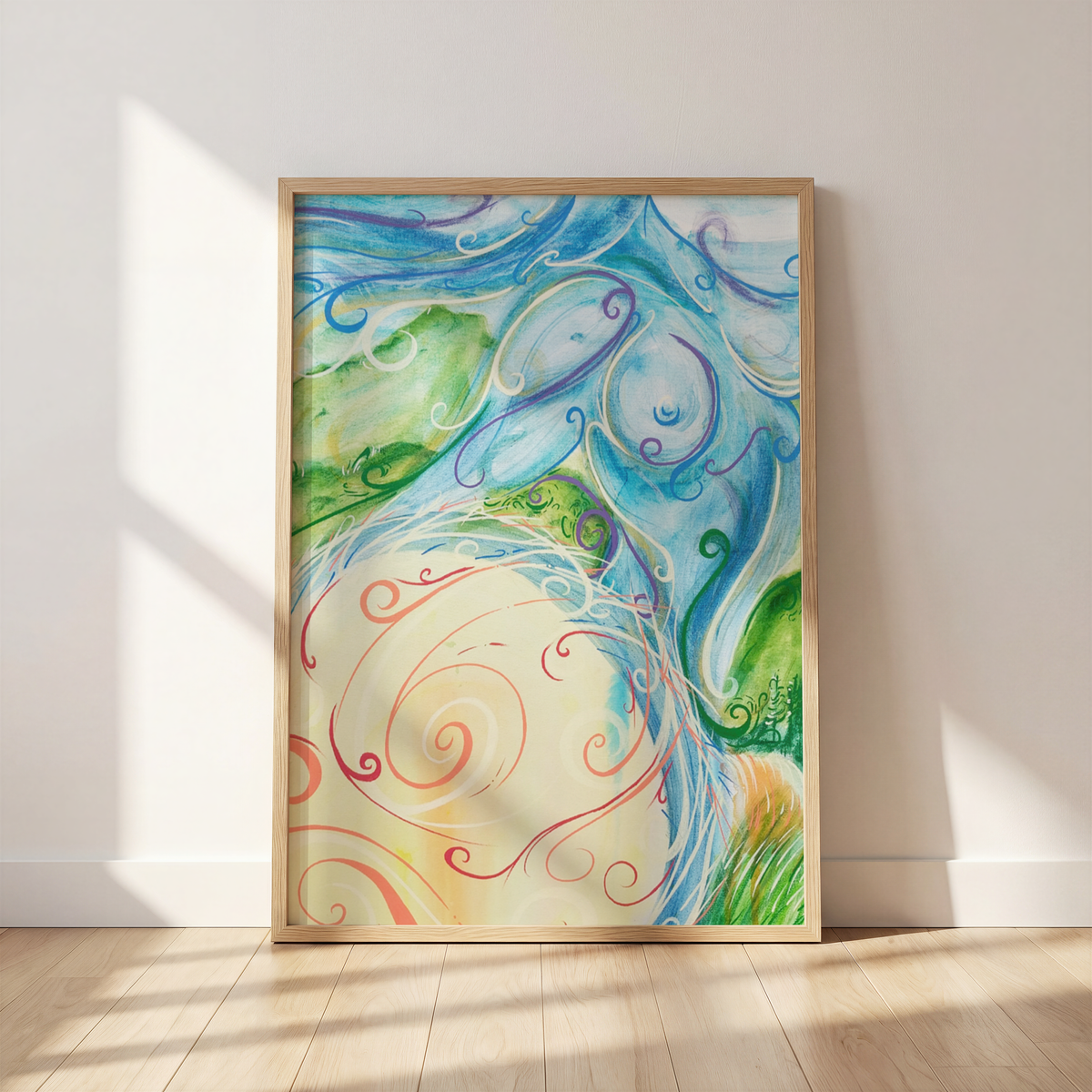 Dancing Balis by Monty, sun goddess art print in a frame leaning against a wall