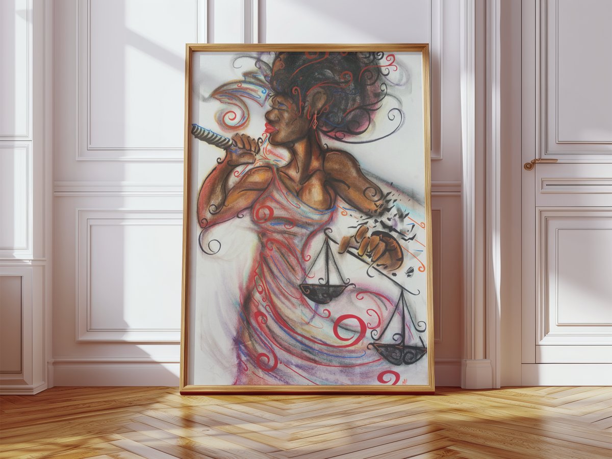 For All by Monty, lady justice art print in a frame leaning against a wall