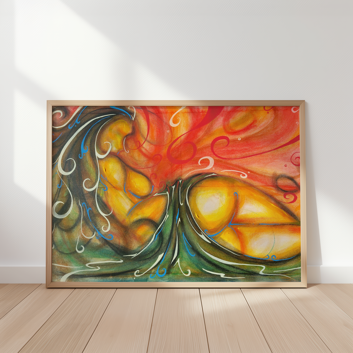 Awake feminine bedroom wall art print by Monty, framed and leaning against a wall