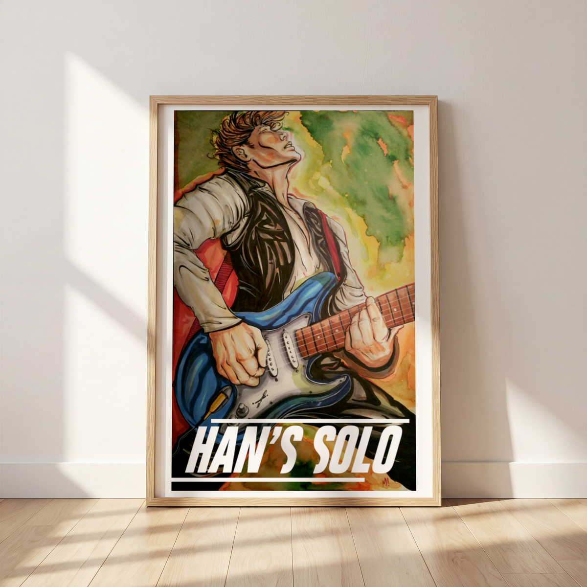 Fastest Guitar in the Galaxy sci-fi art print by Monty, framed and leaning against a wall