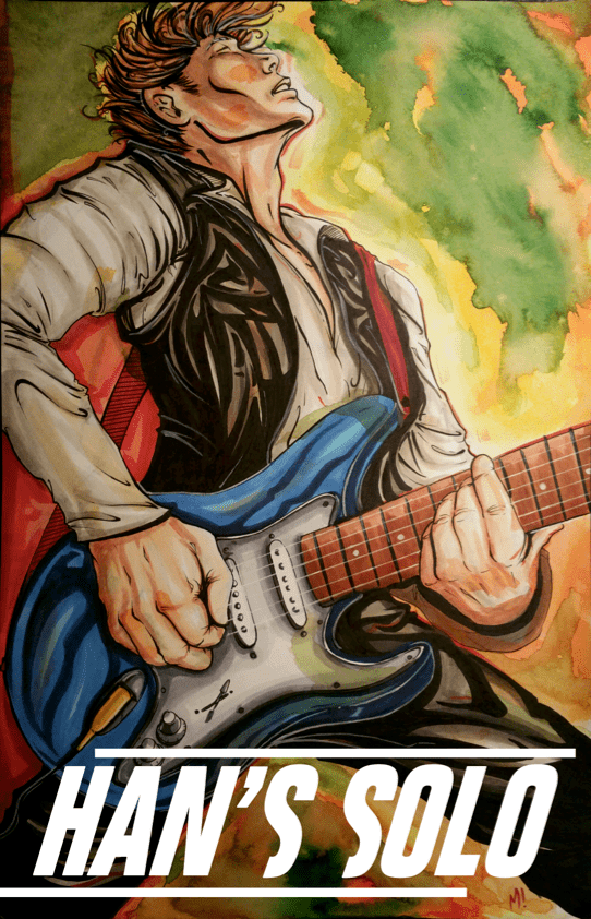 Close-up of the Fastest Guitar in the Galaxy sci-fi art print, showing acrylic and pastel texture