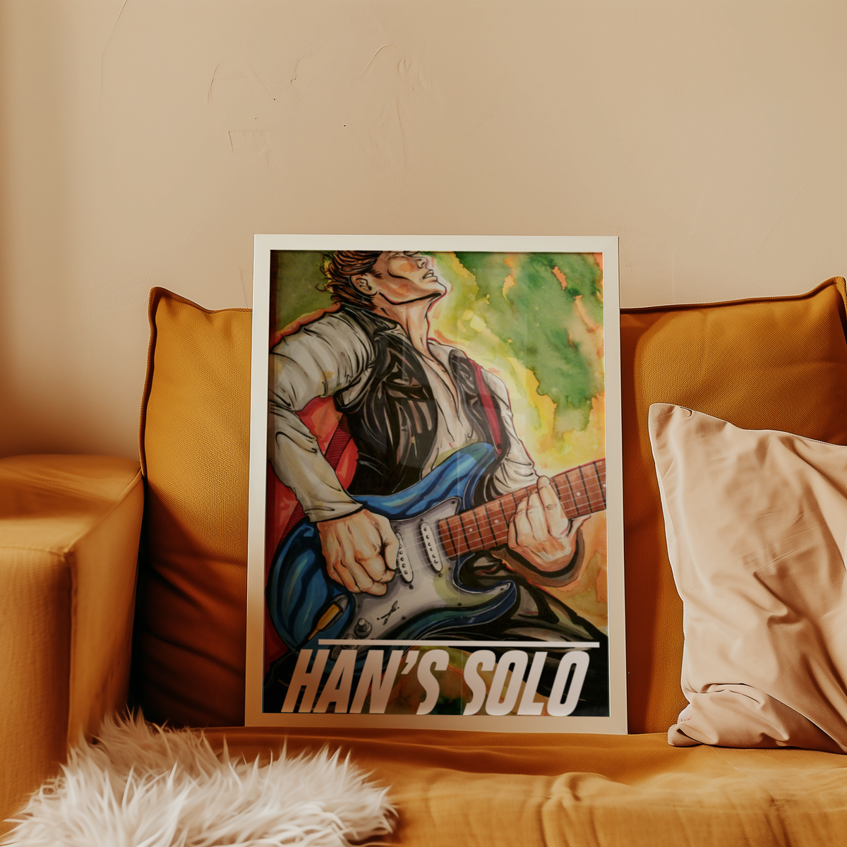Small framed sci-fi art print on a couch, music gift idea