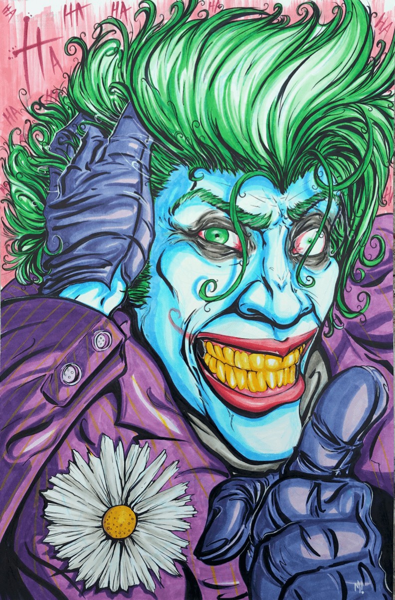 Close-up of The Wild Card villain art print, showing bold ink lines and high-contrast color