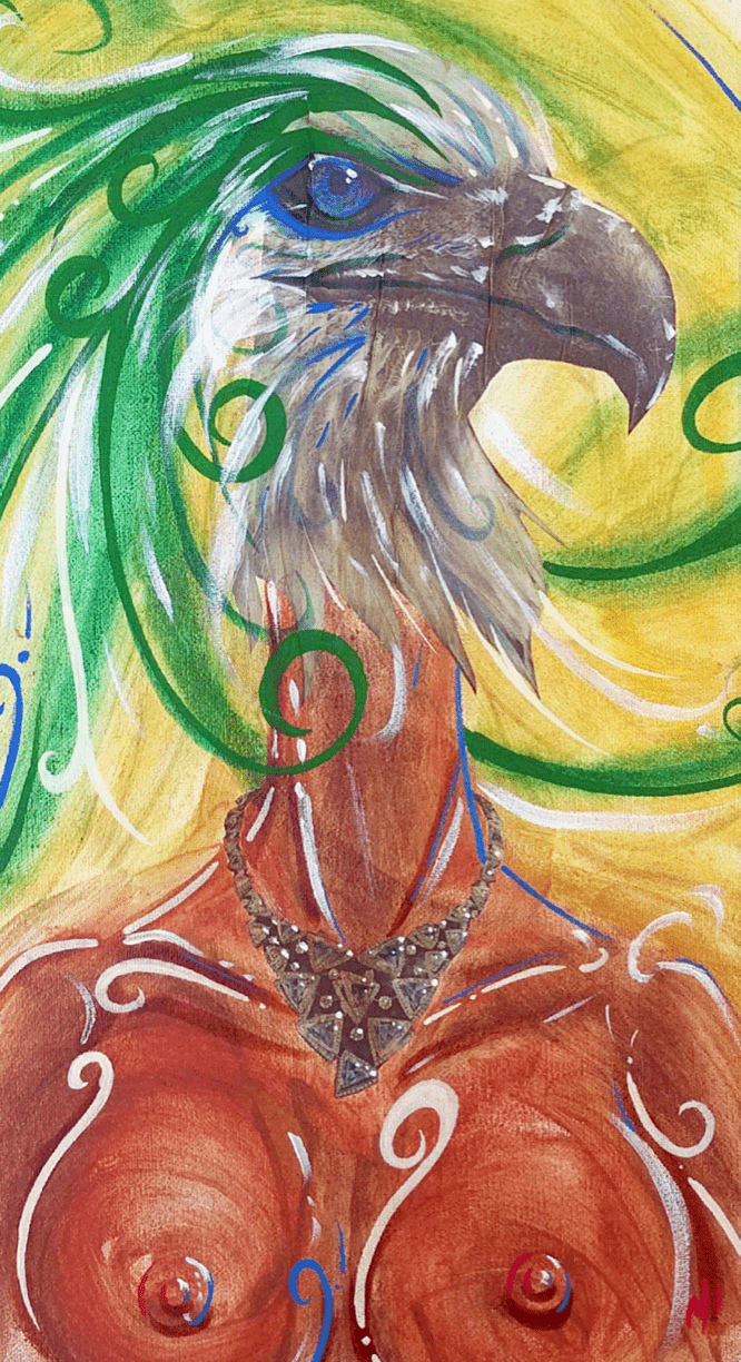 L'oiseau by Monty, surreal woman art print of a woman with a bird head