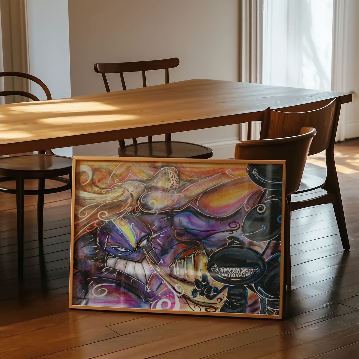 Framed The Maxx art print leaning against a table, Sam Kieth tribute