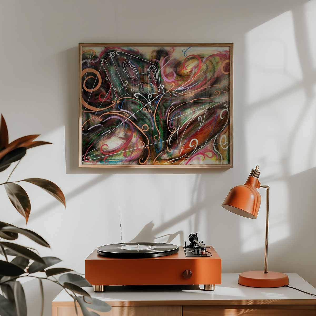 Medium Old School cassette tape print hanging above a record player