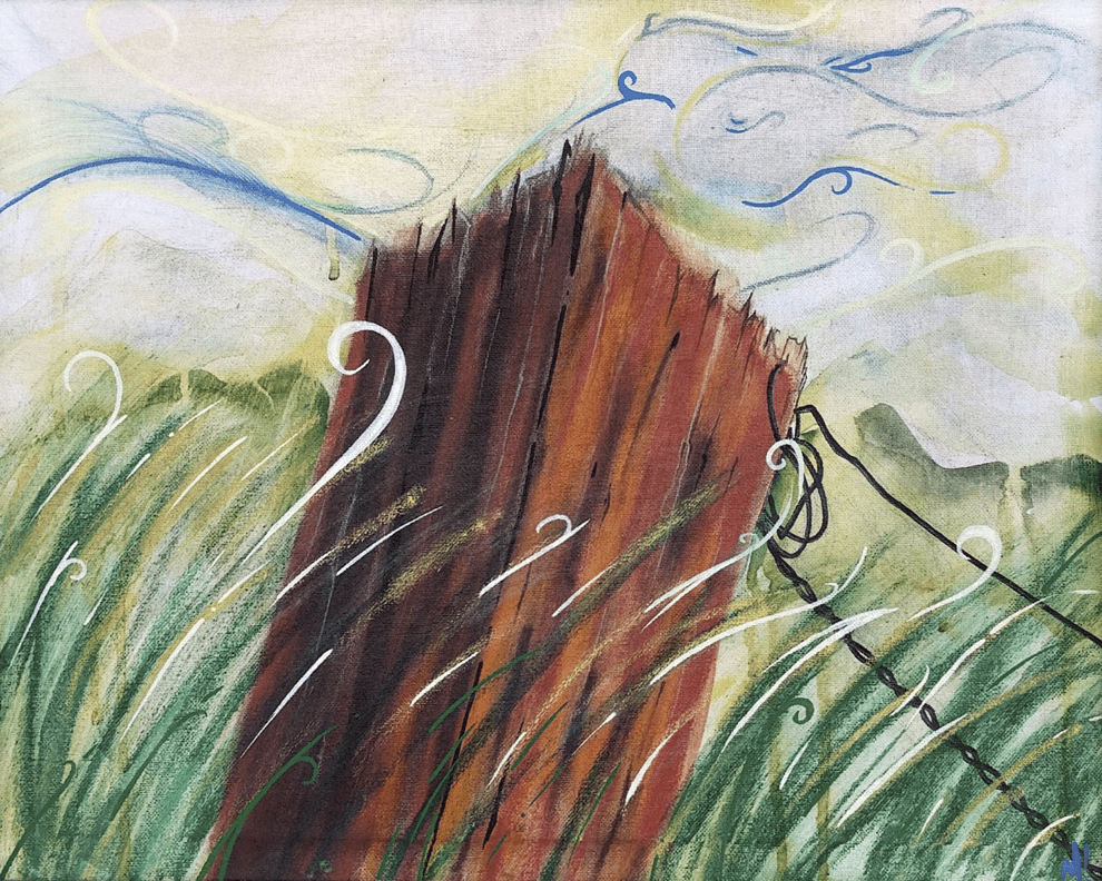 Post by Monty, Louisiana bayou art print looking up past a wetland post at clouds shaped like a woman
