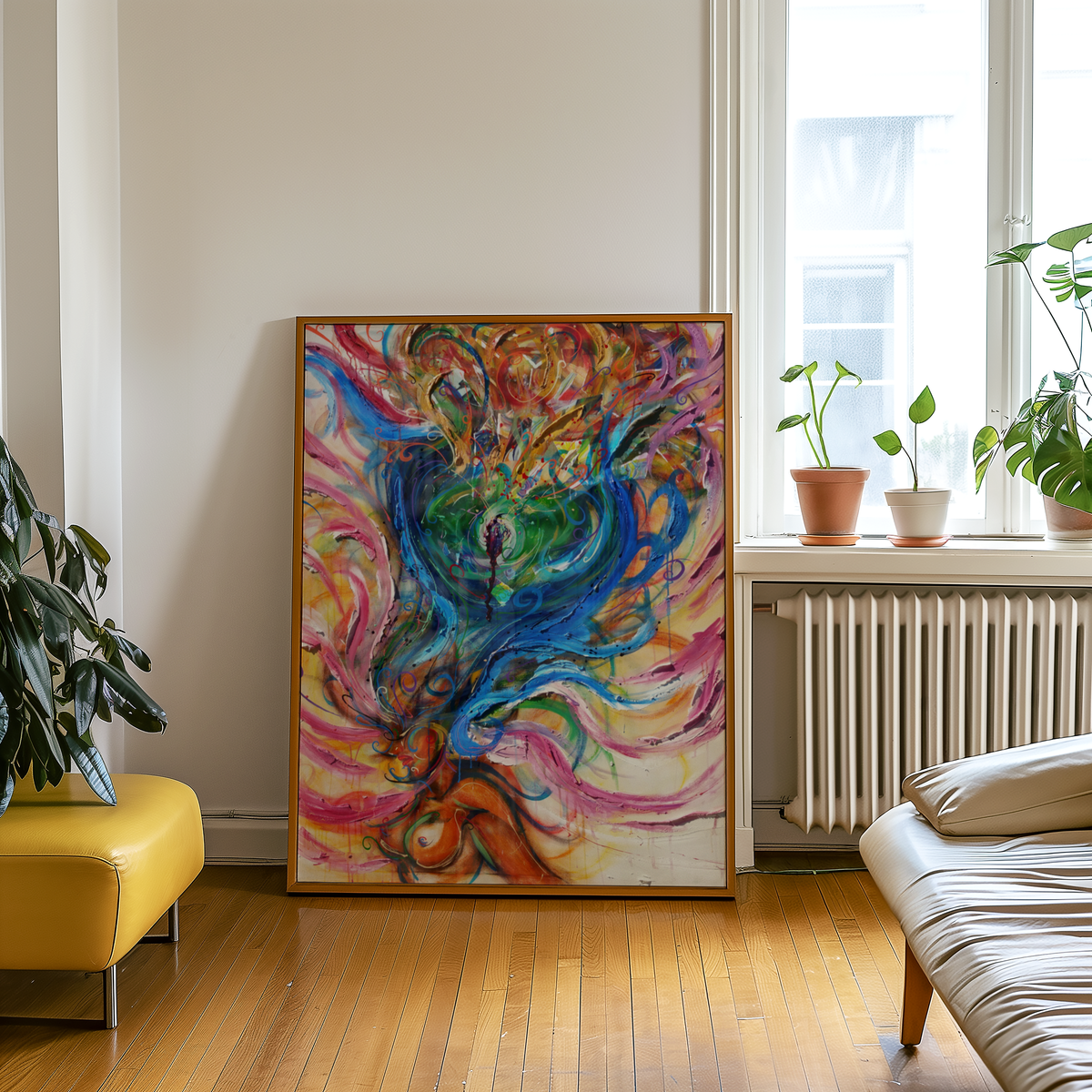 Large framed She Grows print by Monty leaning against a wall