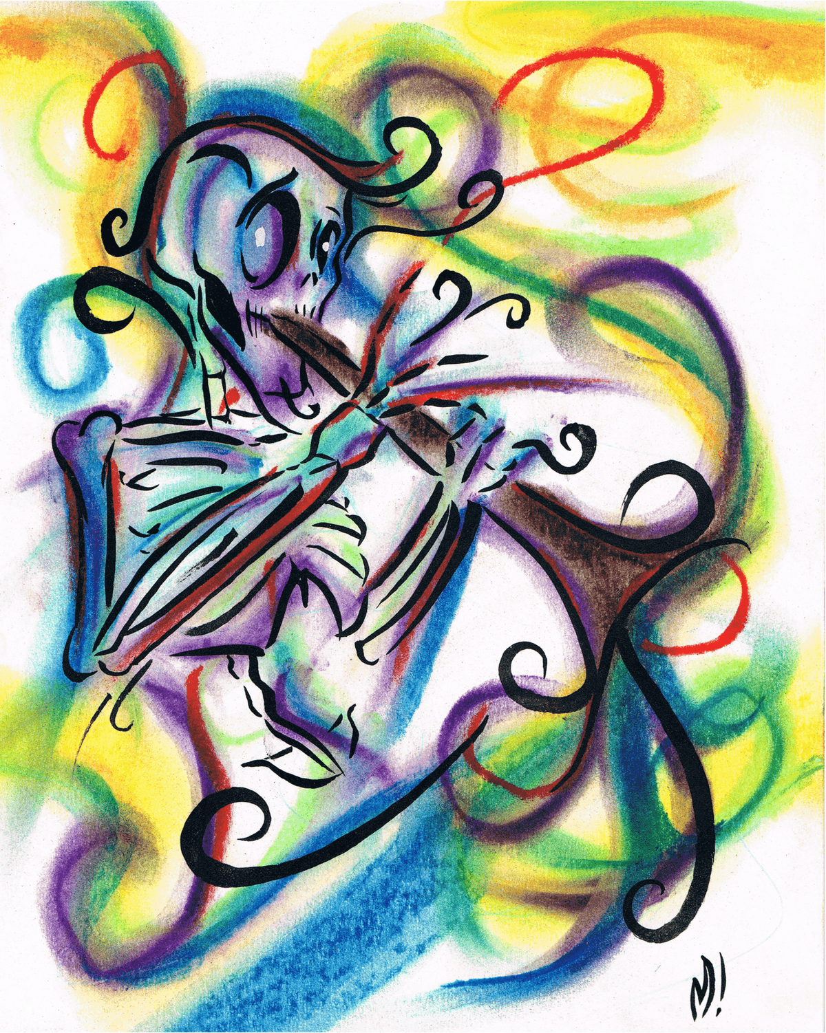 Close-up detail of the skeleton clarinet art print, showing pastel texture on the bones and clarinet keys
