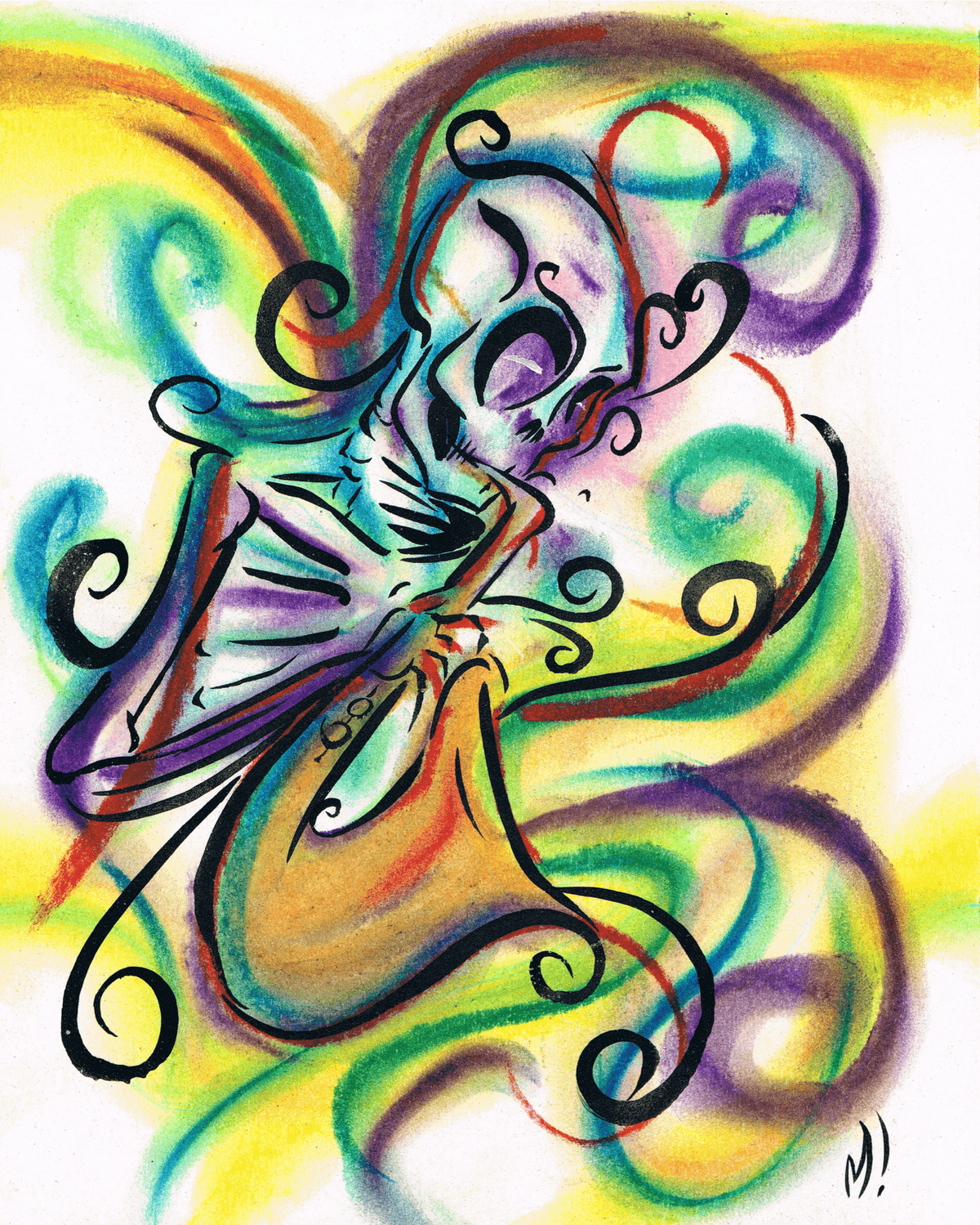 Close-up of the skeleton saxophone art print, showing pastel texture on the bones and brass