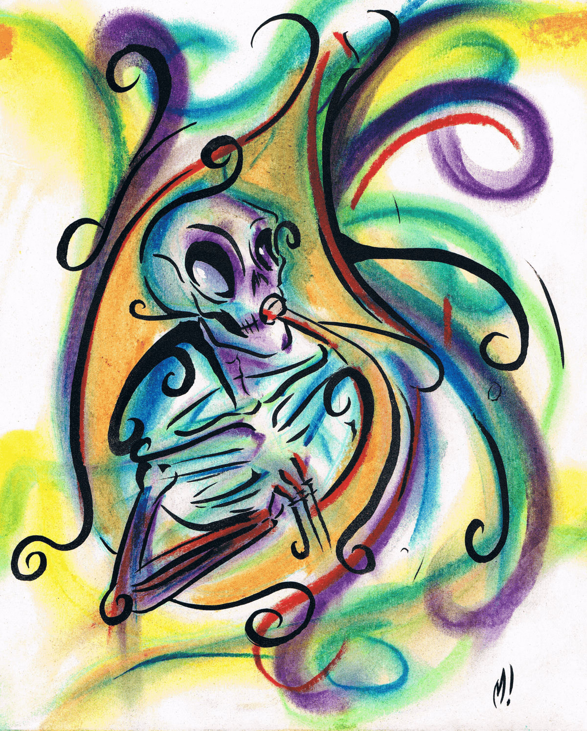Skeleton tuba art print of a skeleton playing tuba in a New Orleans second line, from a pastel original
