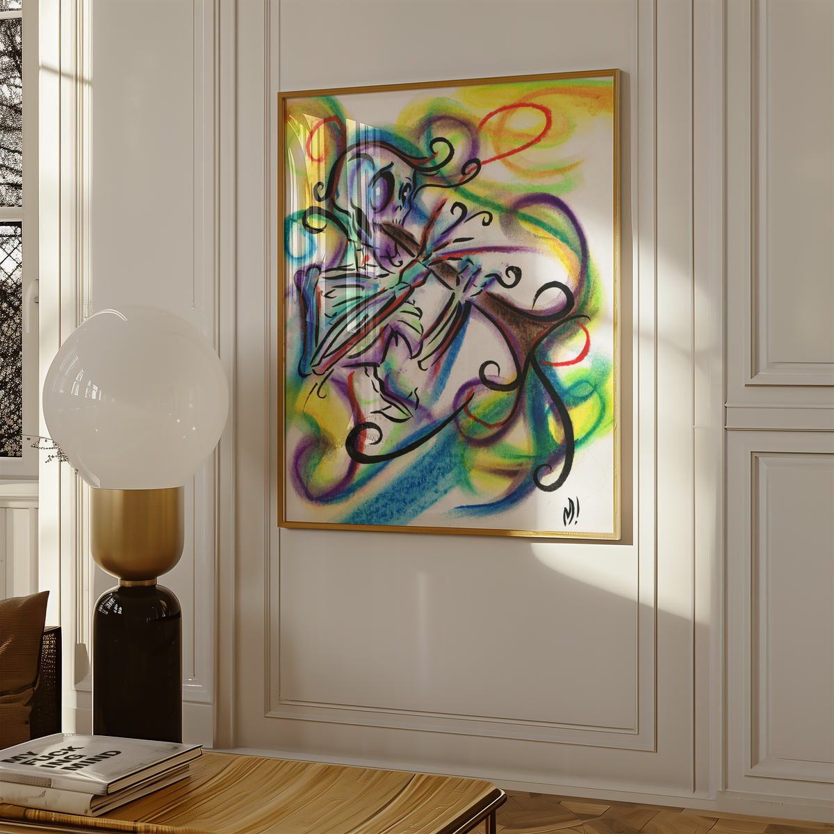 Large framed skeleton clarinet art print on a wall, a skeleton playing clarinet in a New Orleans second line