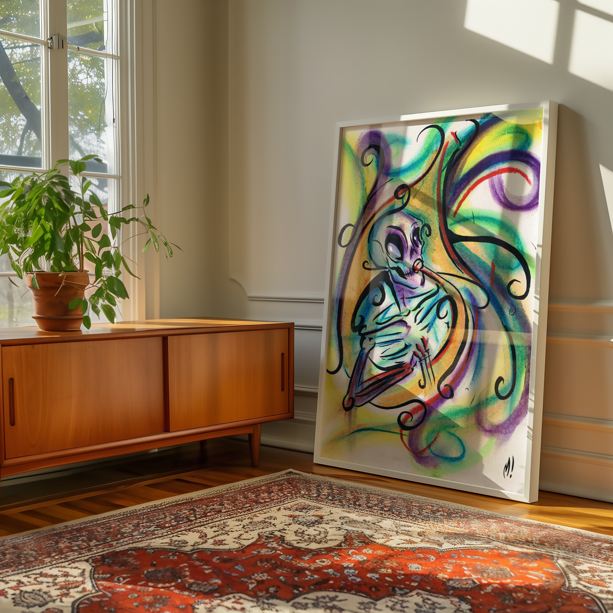Large framed skeleton tuba art print on a wall, a skeleton playing tuba in a New Orleans second line