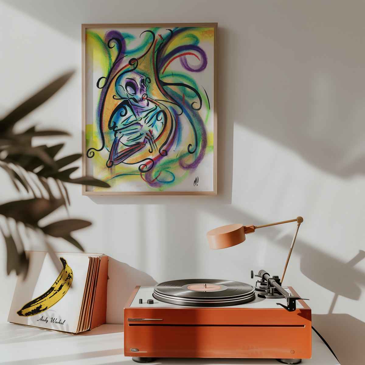 Medium framed skeleton tuba art print hung above a record player, jazz wall art for a music room