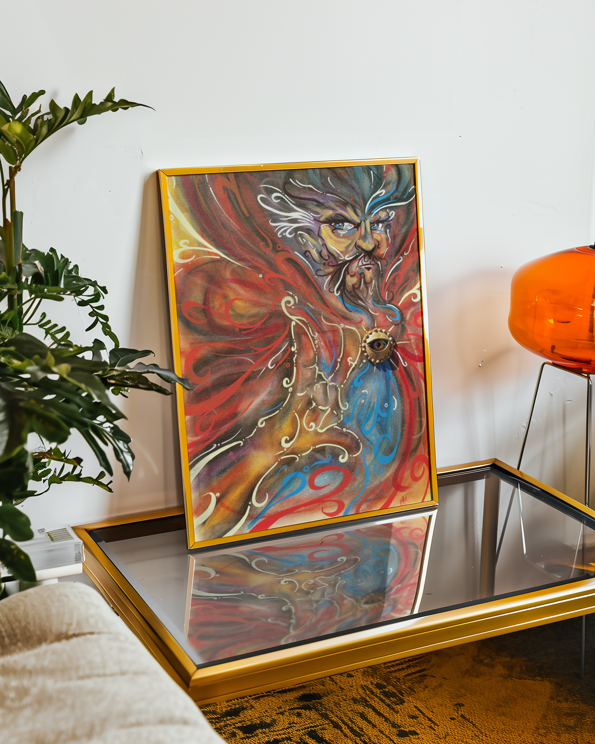 Small mixed media art print by Monty on a table