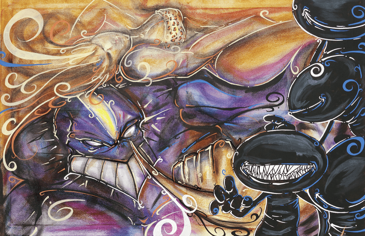 Close-up of The Maxx art print, showing hand-inked linework and layered acrylic