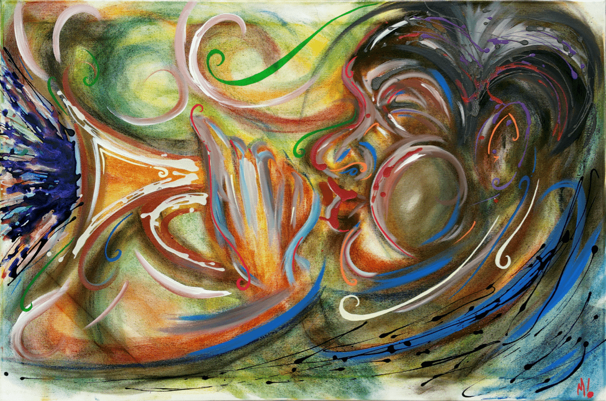 Close-up detail of the black jazz art print, showing pastel and acrylic on the trumpet