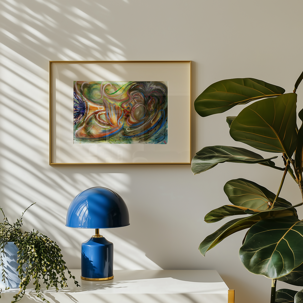 Small framed black jazz art print above a blue lamp, New Orleans music decor