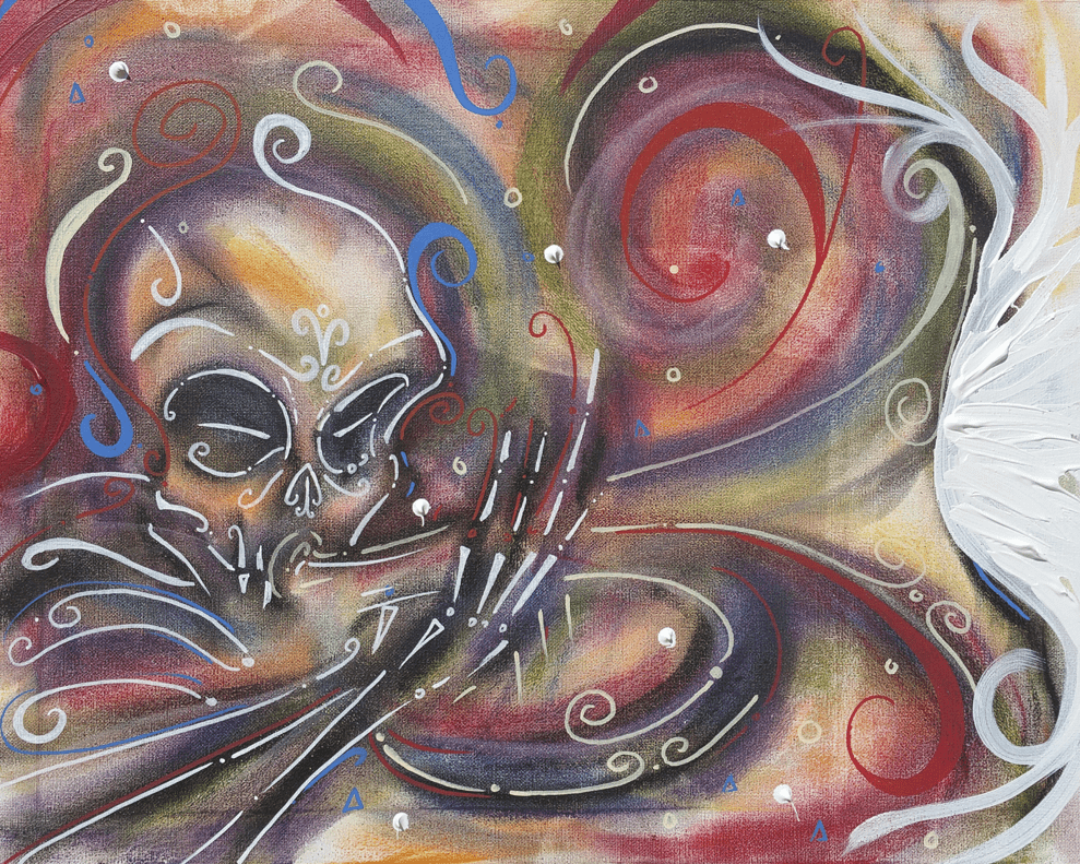 Close-up of the plaster and pastel texture on the skull in the print