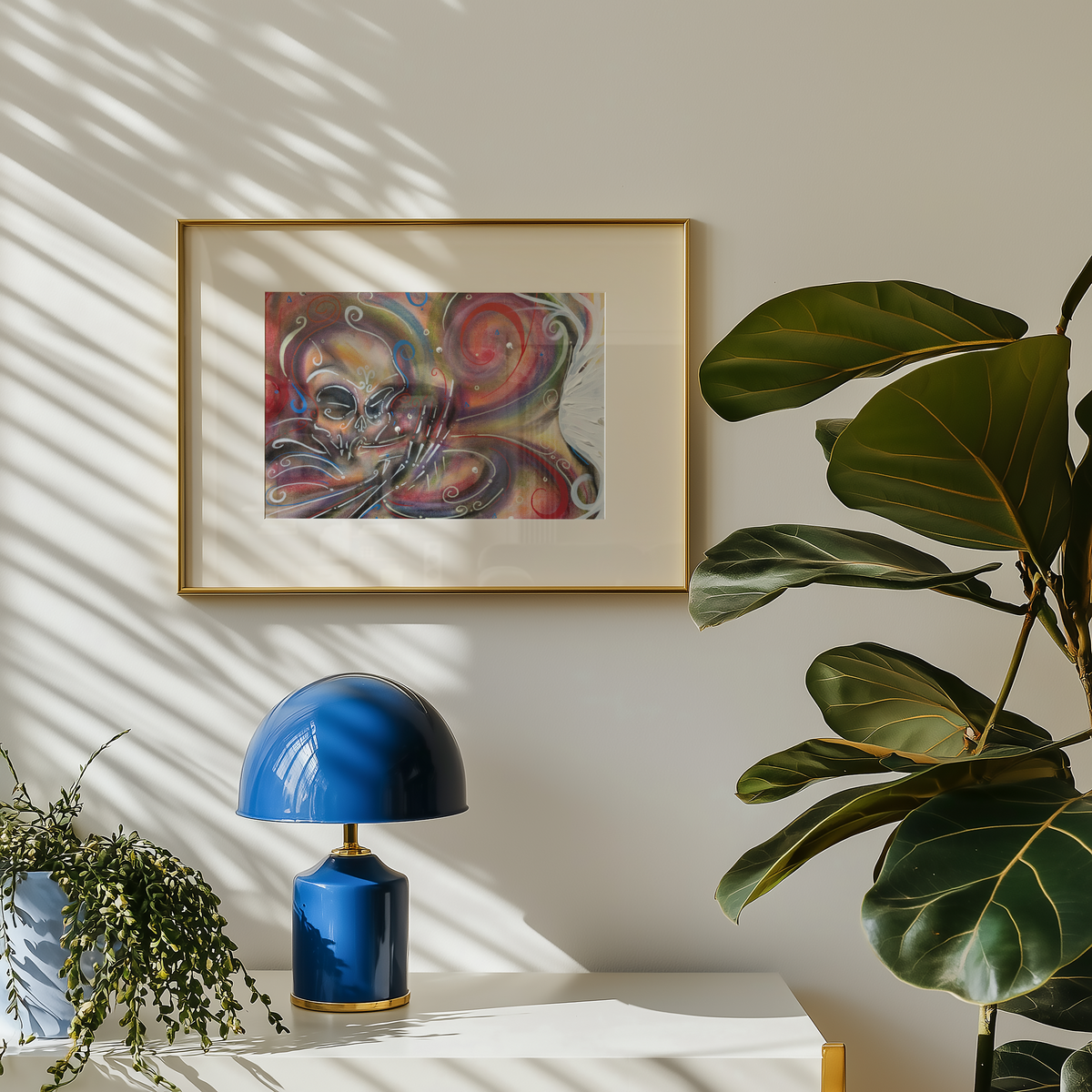 Small day of the dead art print on a wall