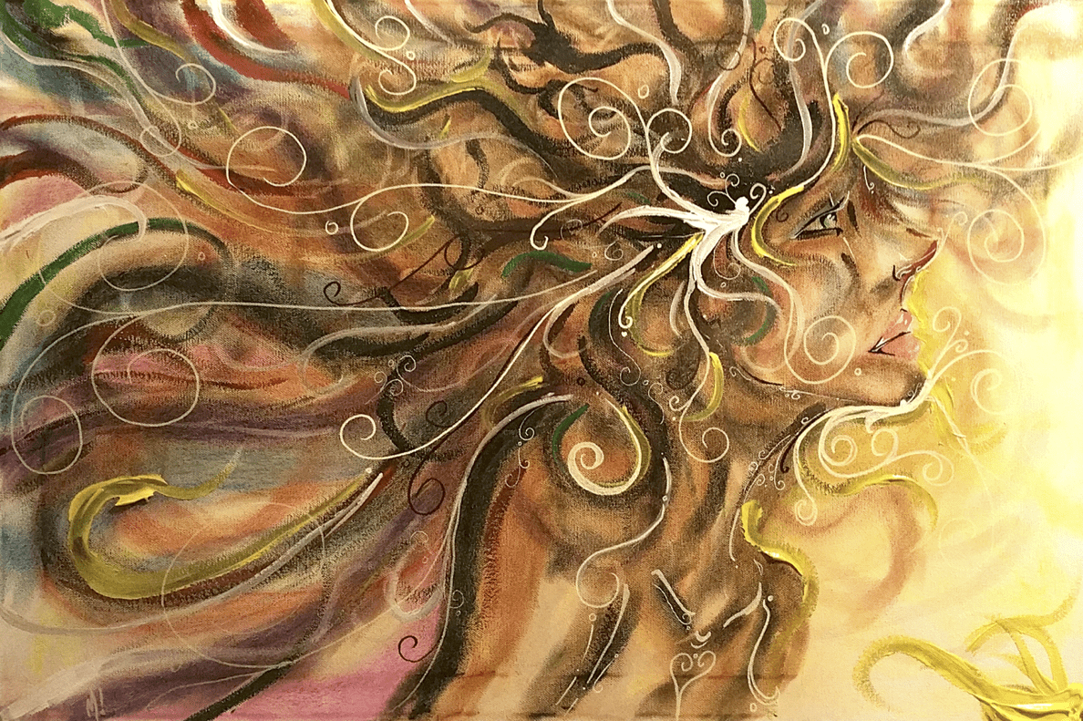 Close-up of the pastel texture in Wind by Monty, a woman's windblown hair