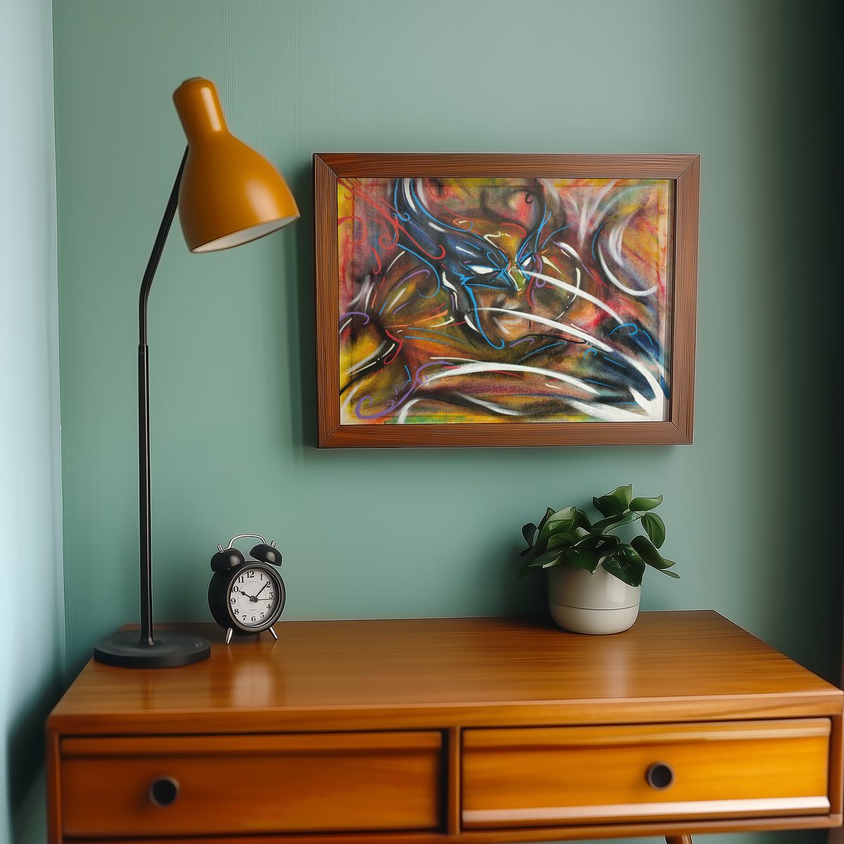 Medium framed Claws Out art print hung above a desk