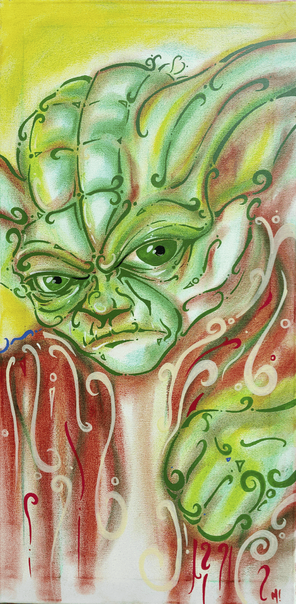 Close-up of The Wise One art print, showing pastel texture on the face and ears