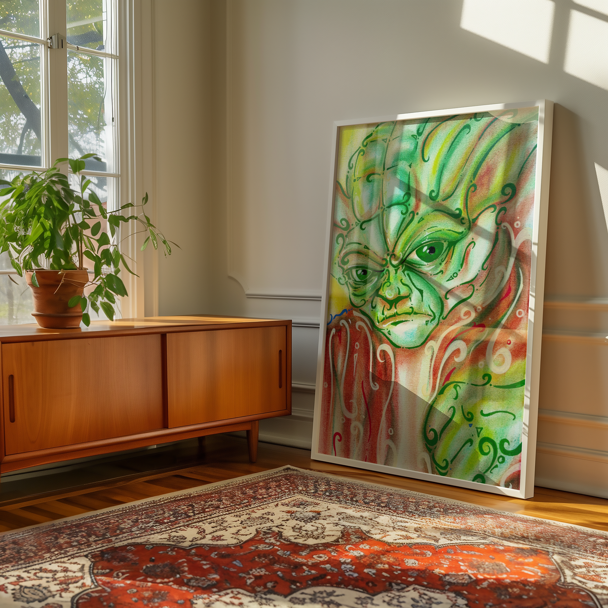 Large framed wisdom wall art print against a wall, tall format