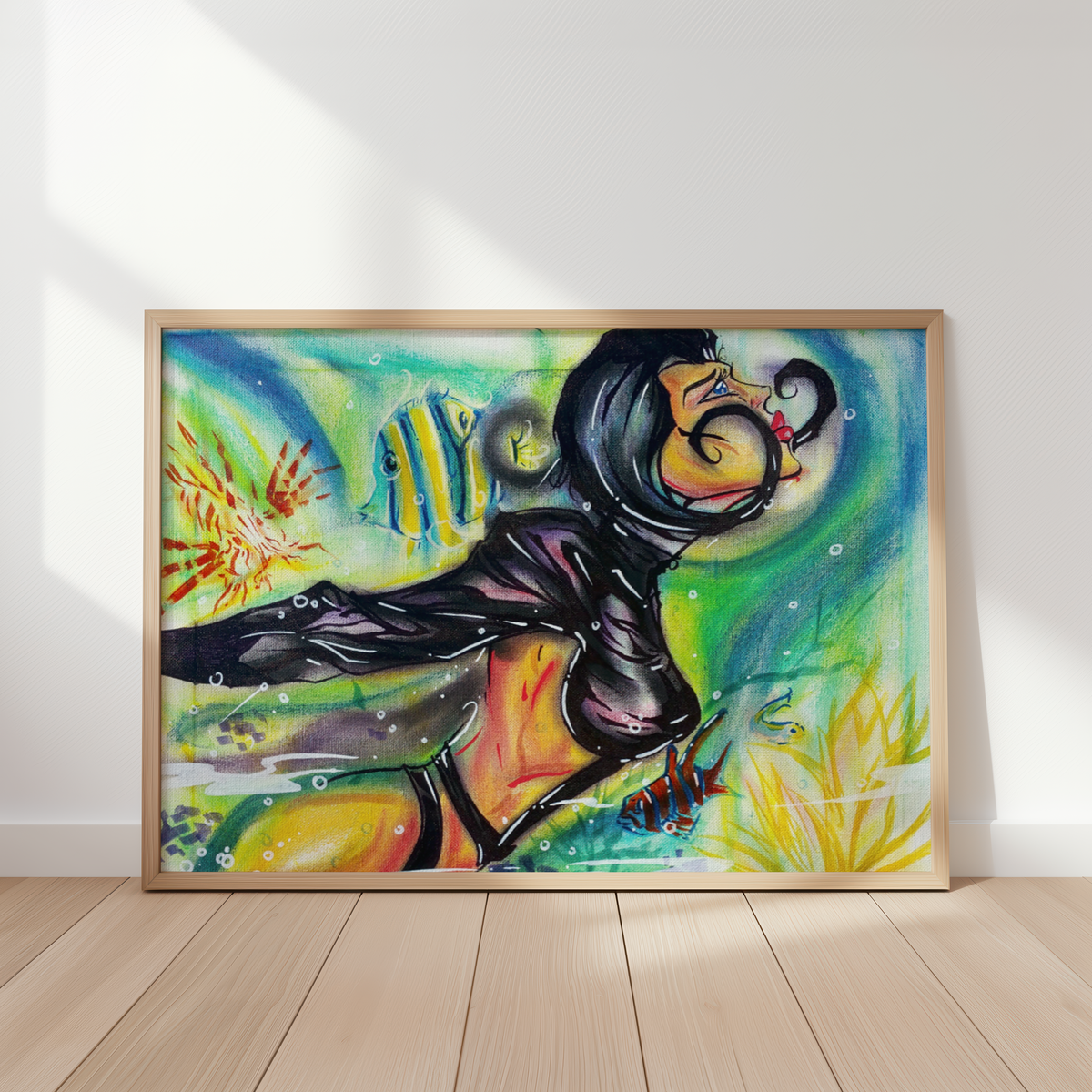 Aeon Flux art print by Monty in a frame, leaning against a wall