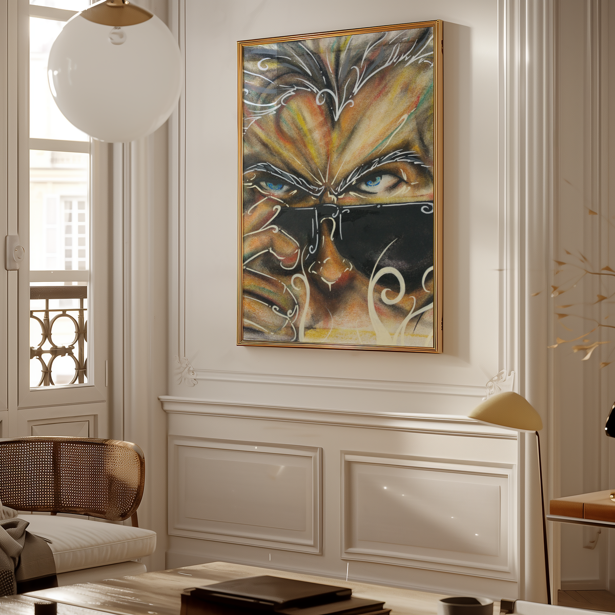 Large framed Doctor Who print hanging on a wall