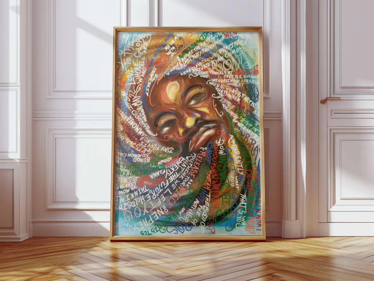 3000 hip hop legend art print by Monty, framed and leaning against a wall