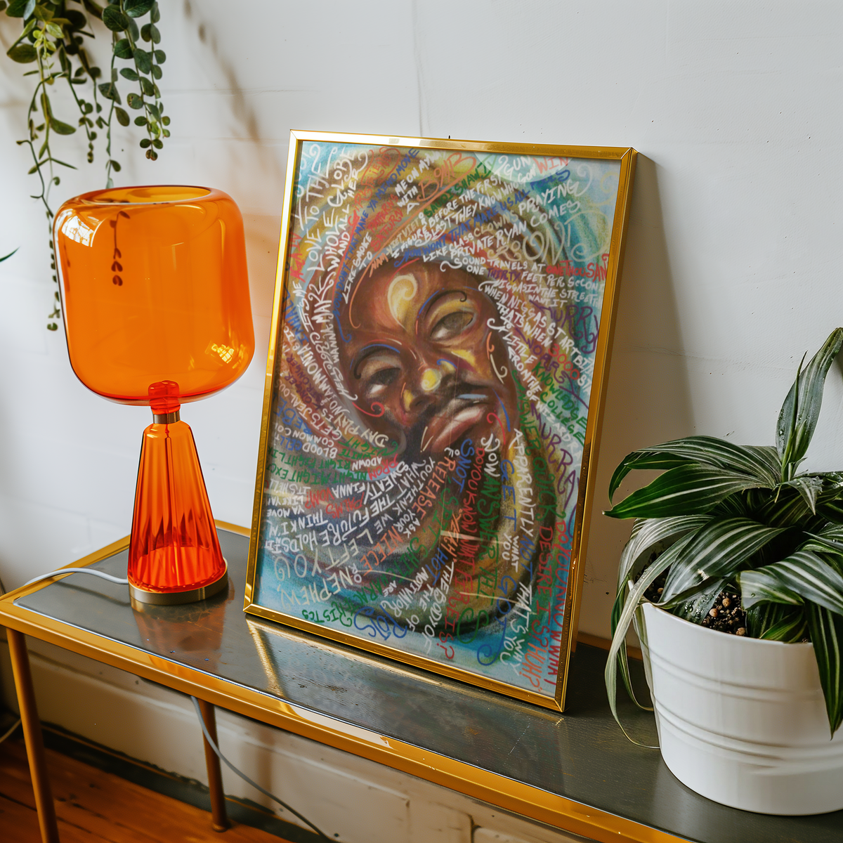 Small hip hop legend art print on a table