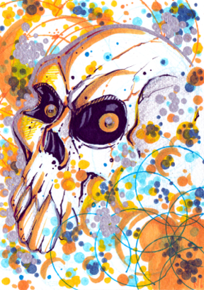 Affordable small original art. Pop art style skull made with watercolors and ink. 