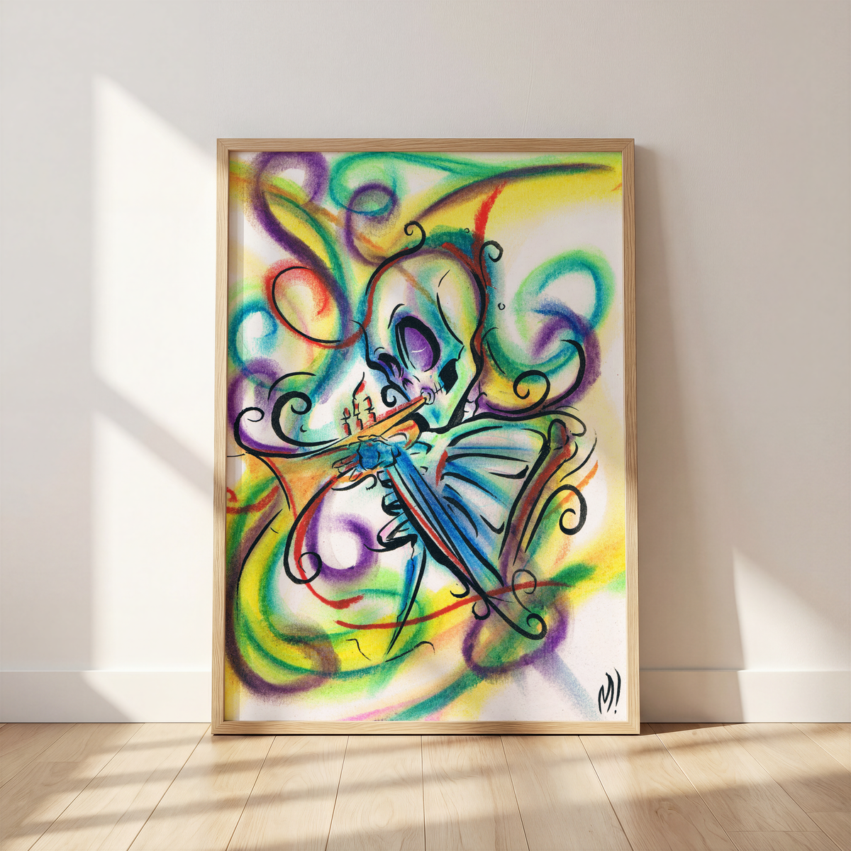 Framed skeleton saxophone art print leaning against a wall