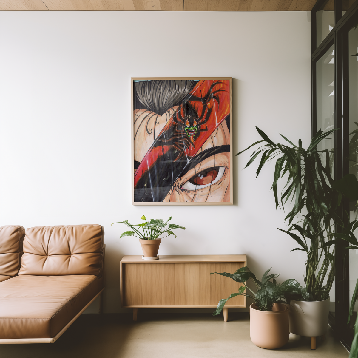 Large red and black cartoon villain wall art on a wall