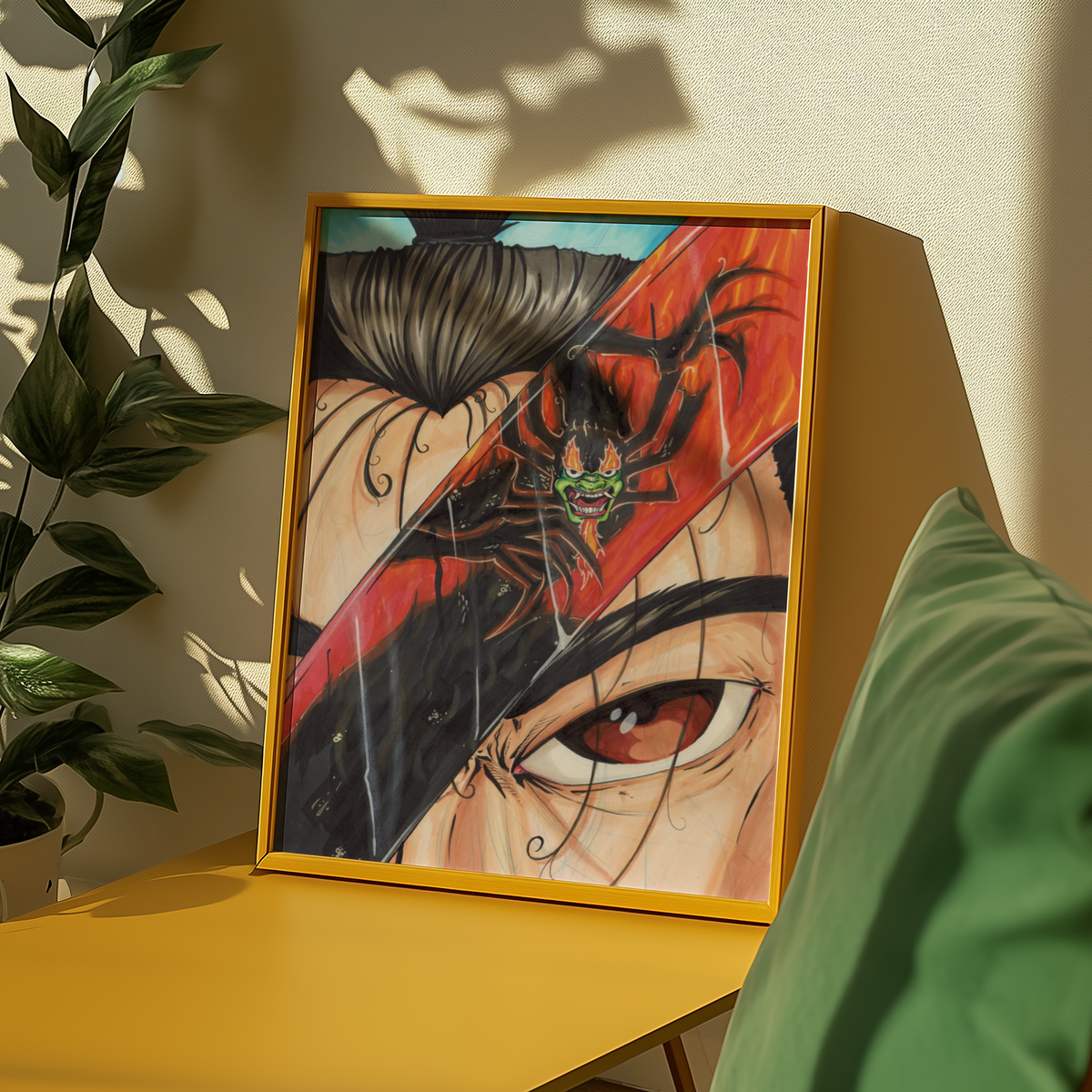 Small cartoon villain art print on a table