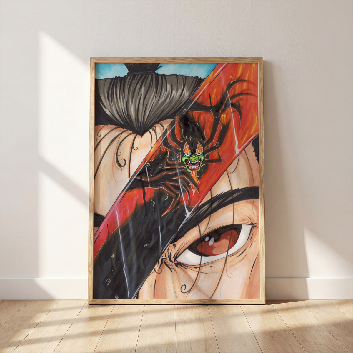 Pure Evil cartoon villain wall art print by Monty, framed and leaning against a wall