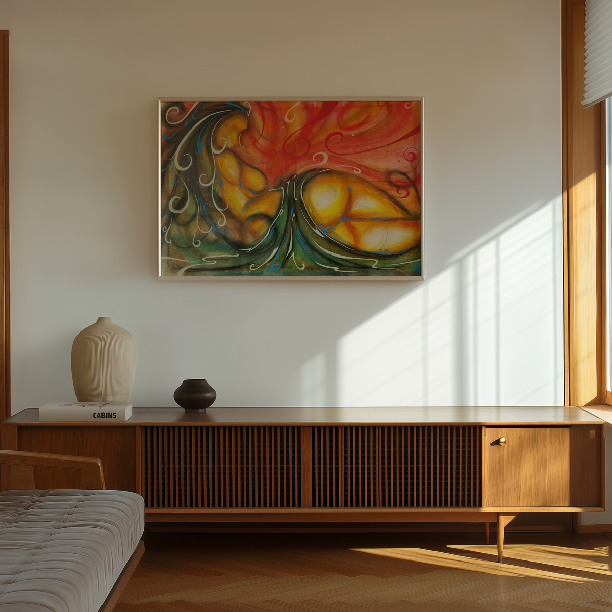 Framed Awake art print hung above a mid-century modern table