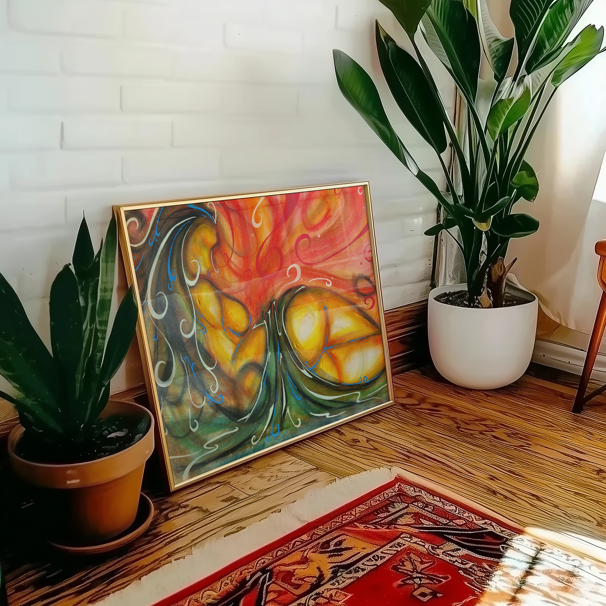 Framed Awake art print against a red rug